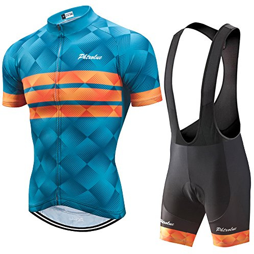 PHTXOLUE Men's Cycling Jersey Set Bicycle Short Sleeve Set Quick-Dry Breathable Shirt+3D Gel Pad Cushion Bib Shorts (Asia 3XL=US XX-Large, Blue + Orange + Black)