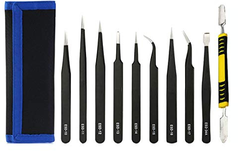 YUEMING 10 Piezas Pinzas de Precisión,Juego de Pinzas Antiestáticas de Acero Inoxidable, Tweezers ESD, para Electrónicas, Joyería, Laboratorio o Cosmetología
