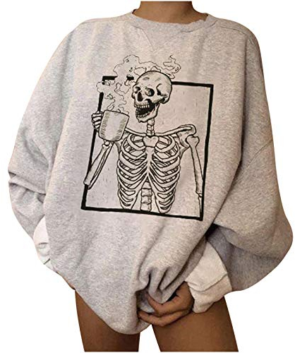 Xniral Halloween Pullover Skelett Tanzen Langarm Sweatshirt Damen Lose Rundhals Tops Bluse Herbst Winter Streetwear Oberteile(Grau 1,M)