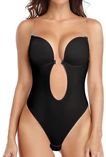 Joyshaper Donna Body Senza Schienale Invisibile Con Reggiseno Push Up, Scollo a V Profondo, Contenitivo Perizoma per Matrimonio Festa, Nero, XL