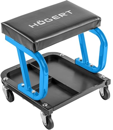 GTV Högert Technik – Asiento de Taller móvil con Bandeja para Herramientas, Taburete de Taller, Taburete de Trabajo, Taburete de Garaje, Taburete de Montaje, Taburete con Ruedas y estantes, Carga