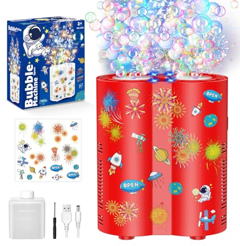 Fireworks Bubble Machine, Automatic Bubble Machine for Kids – 20,000+ Bubbles per Minute with 26 Holes/Lights/240ml Solution/Autocollants for Outdoor Festivals and Weddings
