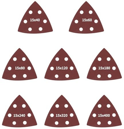 Bixury Triángulo de Lijado,120 Piezas Papel de Lija Triangular Hojas de Lija Triangulare 6 Agujeros 93 x 93 x 93 mm Cada Uno con 15 x Grano 40/60/80/120/180/240/320/400 para Lijado y Pulido
