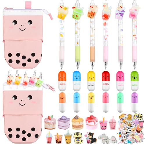 73 Stk Kawaii Geschenk für Mädchen- Teleskopisch Mäppchen Standmäppchen Federmäppchen mit Kawaii Geltintenstifte Mini Kugelschreiber Textmarker Kartoon Aufkleber und Haftnotizblöcke