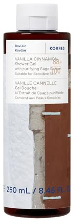 KORRES VANILLA CINNAMON Gel de ducha con extracto purificante de salvia, con aroma invernal y dulce a vainilla y canela, testado dermatológicamente, vegano, sin siliconas ni parabenos, 250 ml