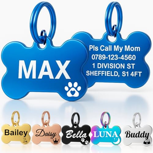 Personalised Dog Tags for Pets UK Prime, Deep Engraved Cat Dog Name ID Tags, Stainless Steel Pet Tag for Doggy Kitten Kitty Puppy, Scratch Resistant Tag (Blue Bone, L)