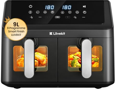 LLIVEKIT 9L Freidora de Aire con Circulación 4D de Aire Caliente, Air Fryer XXL Doble Zona, 2 Compartimentos 2x4,5L, 95% Sin Aceite, 8 Programas Predefinidos, Sync-Finish, Ahorro de Energía, Negro