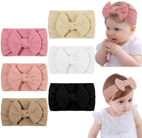DiULi Baby flicka pannband, 6 st babyrosetter pannband stretchiga mjuka bebisrosetter söta huvudbonader nylon småbarn spädbarn hårband baby turban pannband elastiska hårband för barn spädbarn småbarn