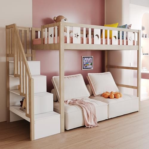 luckdect lit Mezzanine 90x200 avec Rampe d'escalier et Espace de Rangement en Dessous, lit superposé Compact éclairé pour 1 Personne, destiné aux Adolescents et aux Adultes, Design Moderne