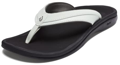 OLUKAI Ohana Women's Beach Sandals, Water Resistant Flip Flops, Arch Support & Comfort Fit, Lightweight & Durable, Enhanced Grip & Traction, White/Black, 9