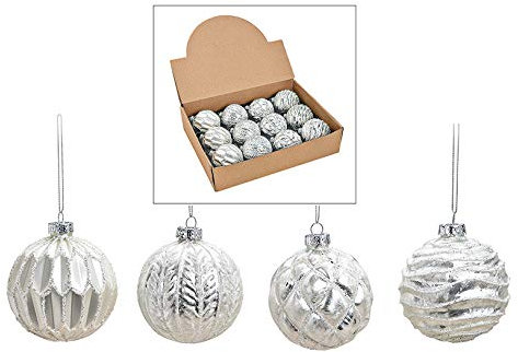 MC-Trend 12er Set edle Luxus Glas Weihnachtskugeln Ø 8cm Weihnachtsbaum Kugeln Christbaumkugeln Weihnachts Deko (Weiss Silber)