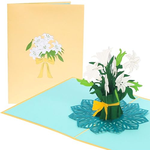 PopLife White Lily Bouquet 3D Pop Up Mother’s Day Card - Easter Lilies, Thank You, Congratulations, Sympathy - for Sister, Daughter, Wife, Mom, Grandma, Girlfriend, Friend