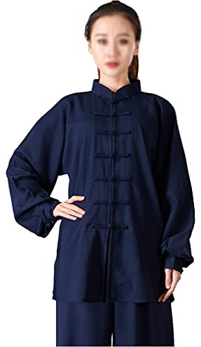 ZHOUXIAO Baumwollleinen Taichi Uniform Frau Stretch Martial Arts Anzug Kung Fu Kleidung Zen Meditation Kleidung Morning Übungen Kleidung Langarm Jacke Hemd Hosen cyan1-M