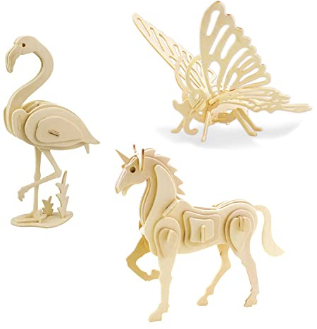 Georgie Porgy Wooden 3D Puzzle Collection Puzzle Model Kit Building Kit Wooden Craft Kids Puzzle Educational Toy DIY Gift Pack 3 (Butterfly Unicorn Flamingo)