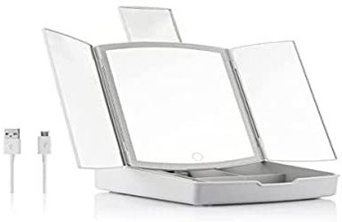 InnovaGoods - Miroir LED Pliable 3-en-1 avec Organisateur de Maquillage, 3 Modes d'éclairage, Design Compact, Lumière LED Intégrée, Idéal pour Voyages, USB ou Piles, Gris, 1.00 g, Verre