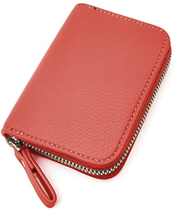 Womens Credit Card Holder, Small RFID Blocking Ladies Wallet with Stainless Steel Zipper Leather Accordion Red Wallets Case for Women ID Compact Slim Blocked Zip Accordian Cards Coffee A3PBKB-5