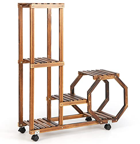 TANGZON Rolling Wooden Plant Stand, 4-Tier/5-Tier/6-Tier Flower Pot Holder with Lockable Wheels, Indoor Outdoor Potted Plant Display Rack Corner Shelf for Patio Balcony Yard (5-Tier, 87 x 29 x 102cm)