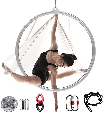 RVUEM Lyra Reifenring, Einpunkt Aerial Hoop Set, Aerial Yoga AusrüStung Aus Edelstahl, Tanz FitnessgeräTe, FüR Zuhause, Fitnessstudio, Zirkusse, Rohrdurchmesser 32 mm,A,Diameter 90cm