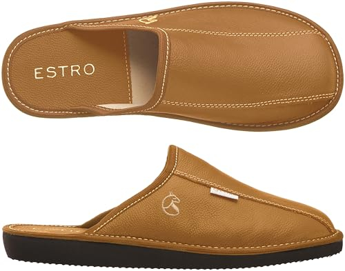 ESTRO Hausschuhe Herren Leder Herrenhausschuhe - Hausschuh Männer Pantoffel Pantoffeln Pantoletten Slipper Mann Warm Rust (41 EU, Gold)