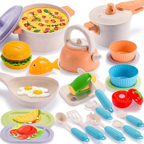 Kids Play Kitchen Set, Mud Kitchen Set for Girls Toddler Pretend Play Food & Cooking Toys, Children's Kitchen Playset with Pots, Pans, Utensils, Cutting Food for Outdoor & Indoor Role Play