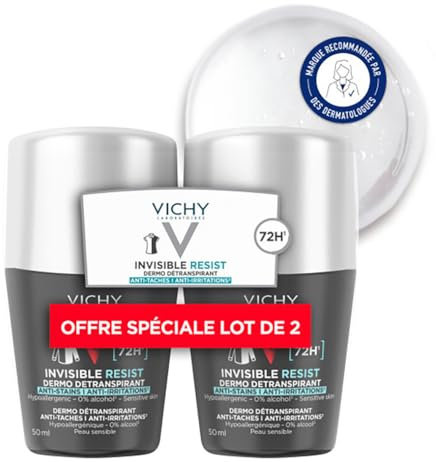 Vichy Uomo Invisible Resist, Deodorante Roll-On, Deodorante ad Efficienza Lunga Durata 72 H, Anti-Macchie Gialle e Bianche, Adatto per pelli sensibili, Confezione da 2 x 50 ml