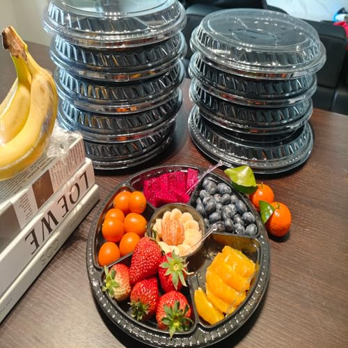 WRENYZK 10 Pcs Compartment Trays with Lids, Reusable Plastic Snack Tray with 100 Forks, 12.4 Inch Black Round Serving Platter with 6 Grids for Party Food Salad Candy