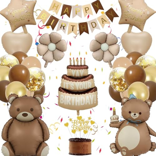 Decoration Anniversaire Ours Garcon, Kit Déco Ballons Cœur Marguerite Gâteau Ours, Deco Fete Café Caramel et Or Ballons Guirlande Gateau Cadeau (Anniversaire Garcon)