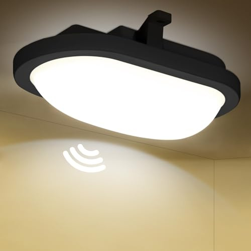 LEZOE Plafoniera LED con rilevatore di movimento 18W, 2200LM 120lm/W, Radar IP54 Lampada da soffitto con sensore di movimento, 4000K per bagno, magazzini, garage, cantina, corridoio, balcone nero