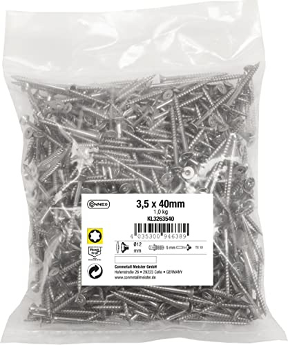 Connex KL3263540 - Viti universali, 3,5 x 40 mm, 1 kg, testa svasata, filettatura parziale, in acciaio inox, set di viti, viti in sacchetto