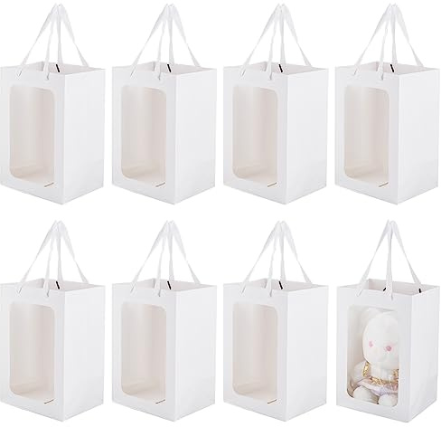 BENECREAT 8 confezione di Sacchetti di Carta Kraft Bianchi con Finestra Trasparente, Sacchetto Regalo Da 30x20x16 cm con Manici per Il Compleanno, Matrimonio, Partito, Anniversario