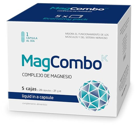 MagCombo - Magnesio puro concentrado, fórmula de aceite especial para máxima absorción, enriquecido con vitaminas В2, В6, В12 y С, solo 1 cápsula diaria. 100 capsulas