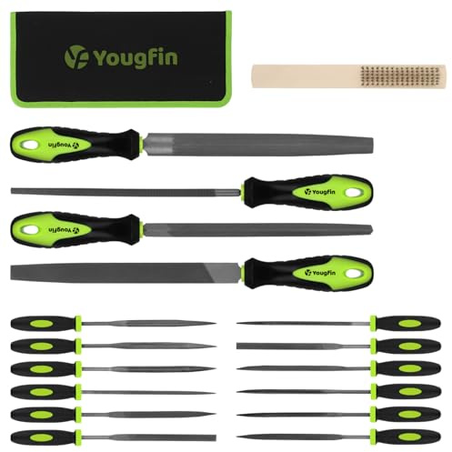 Yougfin Juego De 17 Limas, 12 Limas Aguja Y 4 Metal Grandes Con Bolsa Herramientas, Herramienta Manual Ideal Para Carpintería, Metal, Modelos Aplicaciones Pasatiempos