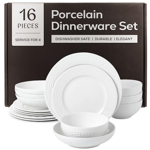 Joseph Sedgh Collection Embossed White Greek Key Porcelain Dinnerware Set, 16-Piece