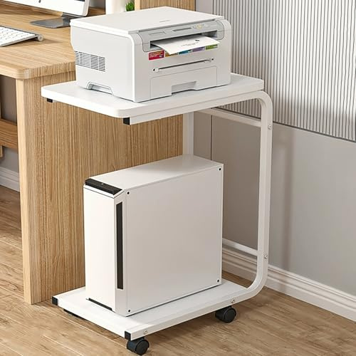 SBCWH Under Desk Printer Stand, Printer Cart with 2 Tier Storage, Computer Host Stand, Rolling Side Table Printer Table for Computer PC Tower, CPU, Shredder, Fax Scanner(White)