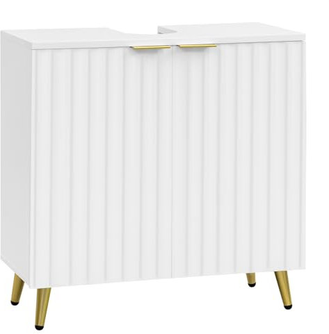 eSituro Mueble Bajo Lavabo, Armario de Baño con Recorte Sifón, Mueble Auxiliar Baño con Puertas Onduladas y Asas Doradas, Patas de Metal, 60x30x62