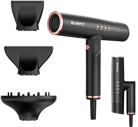 Hair Dryer with Diffuser, Surfit Blow Dryer, Foldable Travel Hairdryer, 110,000 RPM Professional Ionic Hair Dryer for All Hair Types, 1 Min Fast Drying, Precision Styling, No Heat Damage