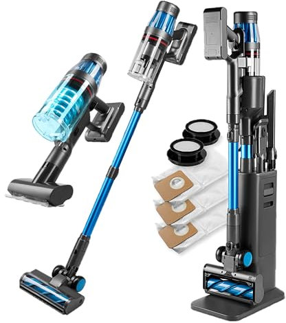 CLEANmaxx AeroTec 500 Akku Staubsauger mit Absaugstation | Handstaubsauger smart & kabellos | automatische Staubentleerung 3,5 l Beutel | 34 kPa | 60 Min Laufzeit | Milbenaufsatz & HEPA-Filter