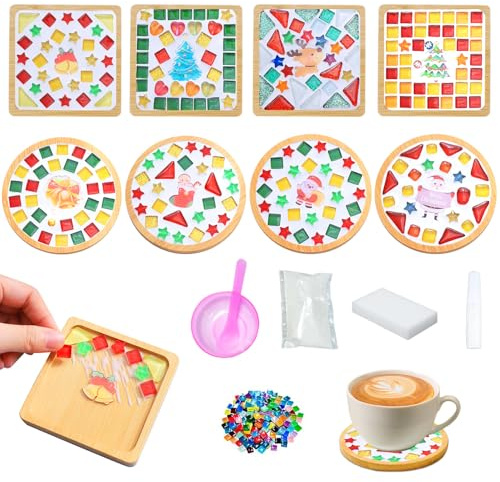 kuchisity 8 Pack DIY Glass Mosaic Tiles for Crafts, Mixed Color Mosaic Kits with Wooden Coasters Adult DIY Coasters Kit for Handmade Beverage Tray Home Christmas Decoration