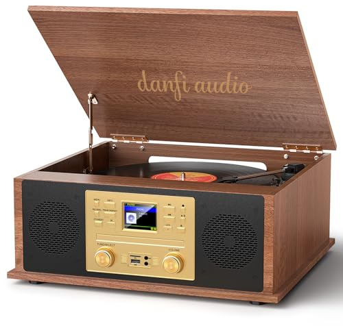 10-in-1 Retro Bluetooth Record Player with Stereo Speakers, 3-Speed Vinyl Turntable, CD Player, USB/SD Playback & Recording, Internet Radio, Clock, Vintage All-in-One Multimedia Center – Walnut