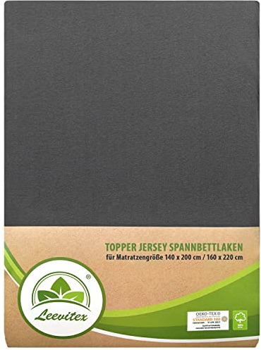 leevitex Premium Topper Boxspringbett Spannbettlaken | 100% Mako-Jersey-Baumwolle | ÖKO-TEX | 170g/m² | 140 x 200-160 x 220 | Anthrazit/Grau | 18 cm Steg
