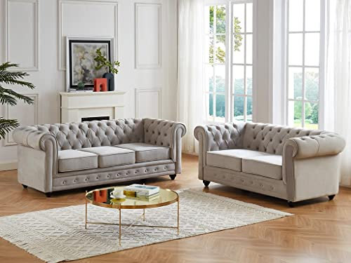 Vente-unique - Divano 3+2 posti Velluto Grigio - CHESTERFIELD