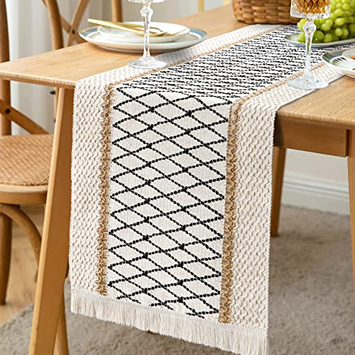 LOMOHOO Tischläufer Beige 72inch,Baumwoll Leinen Tischläufer Boho mit Quasten,Tischläufer Landhausstil Makramee Tischläufer Creme Tischdecke Baumwolle für Küche Hochzeit Partys Tabletop Dekor