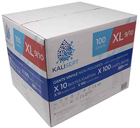KALISEPT INTCO - Lot de 10 boites de 100 - Gants Vinyle médical et de l’industrie de haute qualité, normes en vigueurs. (non poudrés)