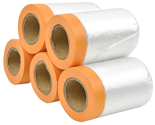 DODUOS 5 Rollen Abdeckfolie Klebeband mit Folie, 55cm*20M Transparent Abdeckfolie mit Gewebeklebeband, UV Beständig Goldband Malerabdeckfolien Malerband mit Abdeck Folie zum Schutz von Henster Wand