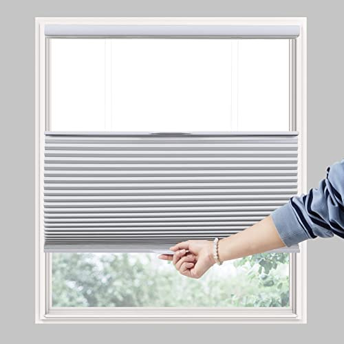 Persilux Custom Size Cordless Shades 100% Blackout Cellular Shades Honeycomb Window Blinds Top Down Bottom Up Pleated Thermal Waterproof Window Shades for Bathroom Shower Light Grey