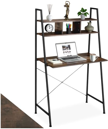 tectake® Ladder Desk with 2 Overhead Shelves, Computer Desk in Modern Design with Sturdy Steel Frame & Wood-Look Finish, Ideal Home Office, Bedroom & Study Table, 85.5 x 46.5 x 140 cm - Dark Wood