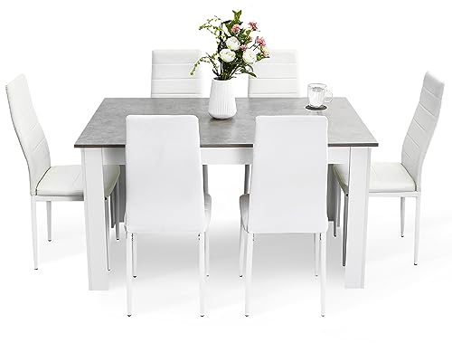Mondeer Esstisch mit 6 Stühlen Set, Essgruppe mit Hochlehner Kunstleder Stuhl für Küche Esszimmer Wohnzimmer, W138 x D90 x H75 cm, Weiß und Grau