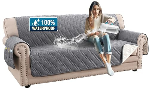 H.VERSAILTEX 100% Waterproof Couch Covers for 3 Cushion Couch Sofa Modern Sofa Slipcovers with Elastic Straps Thick Soft Furniture Protector Pet Friendly(Sofa, Grey/Beige)