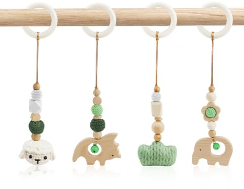 BINYI Palestrina Neonato Montessori Arco 4 Pezzi Giochi per Passeggino da Appendere Giocattoli di Legno per Bambini Pieghevole Gioco Auto Neonato Baby Gym con Ciondolo in Legno (Verde)