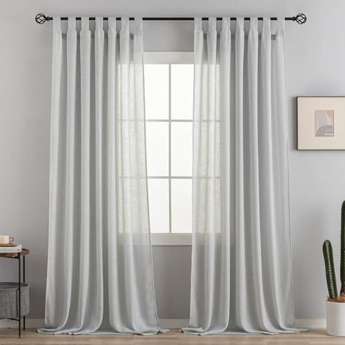 VOILYBIRD - VOILYBIRD Natural Linen Semi Sheer Curtains Tab Top Elegant Light Filtering Curtains and Drapes for Living Room, 52 x 96 Inches Long, 2 Panels